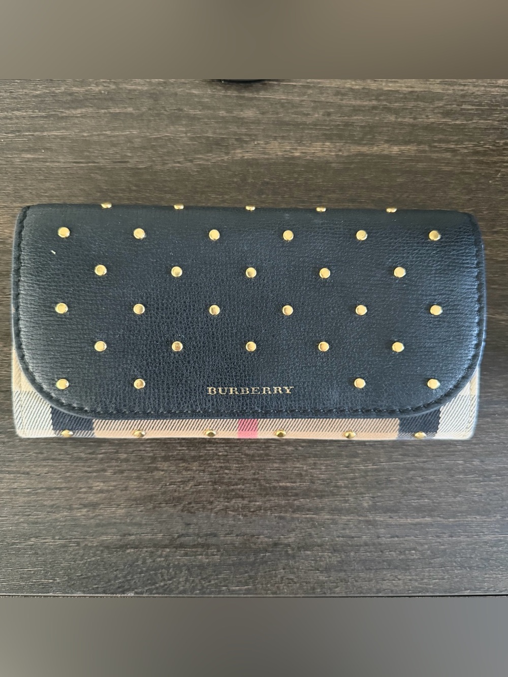 Authentic Burberry Black & Beige Studded Check Continental Wallet EUC